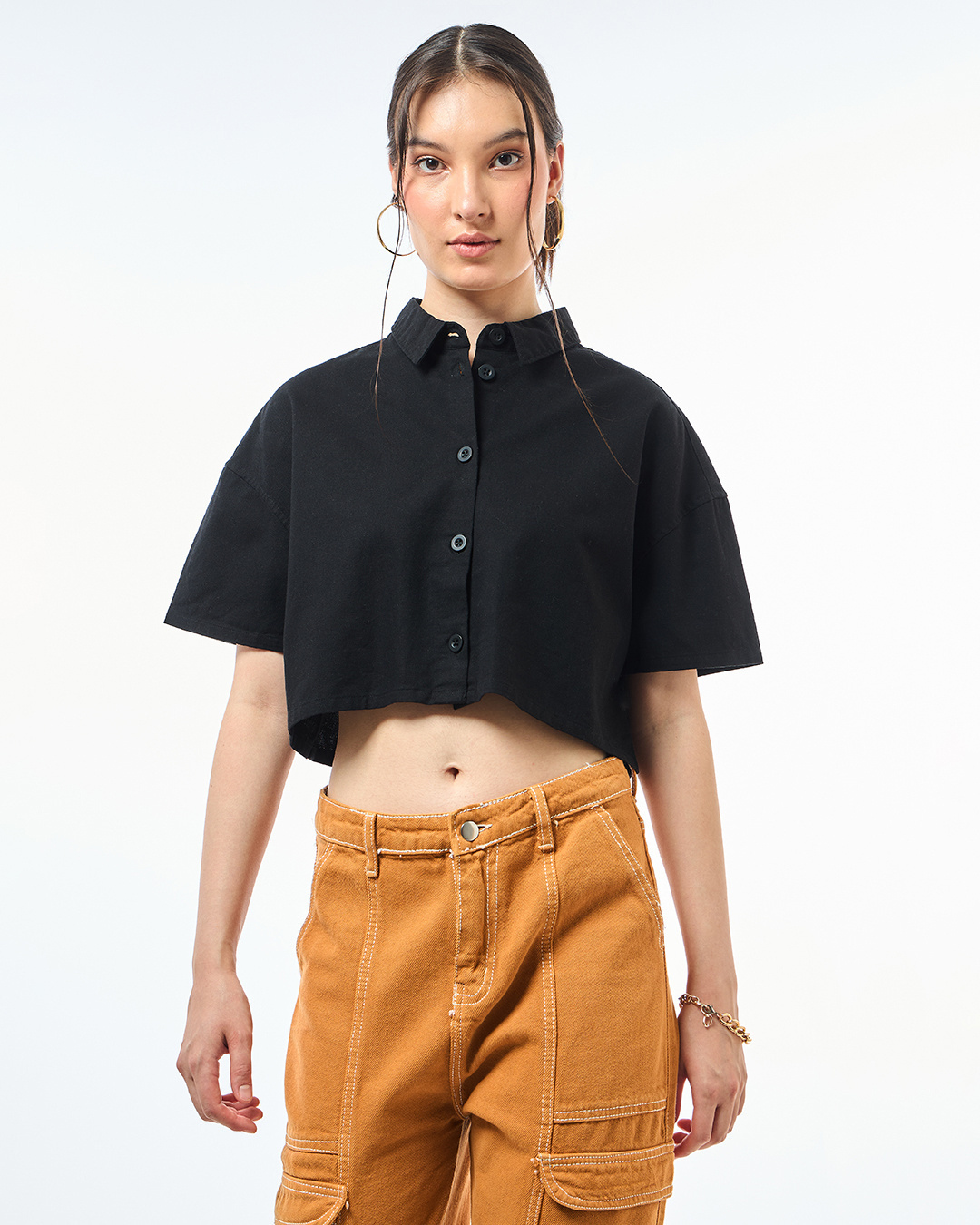 Shop Women's Black Oversized Crop Shirt-Back