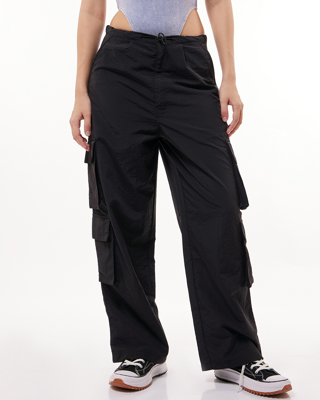 Women Unisex Black Front Zipper Parachute Pants