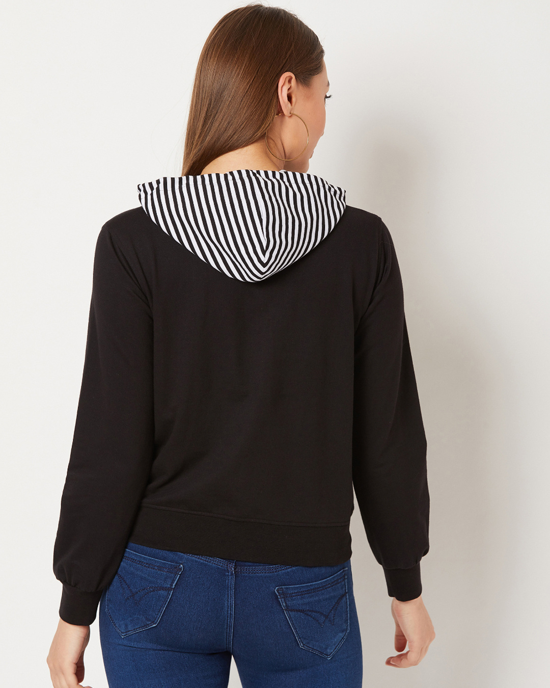 Shop Women's Black Oversized Shadow Dancing Striped Hooded Sweatshirt-Back