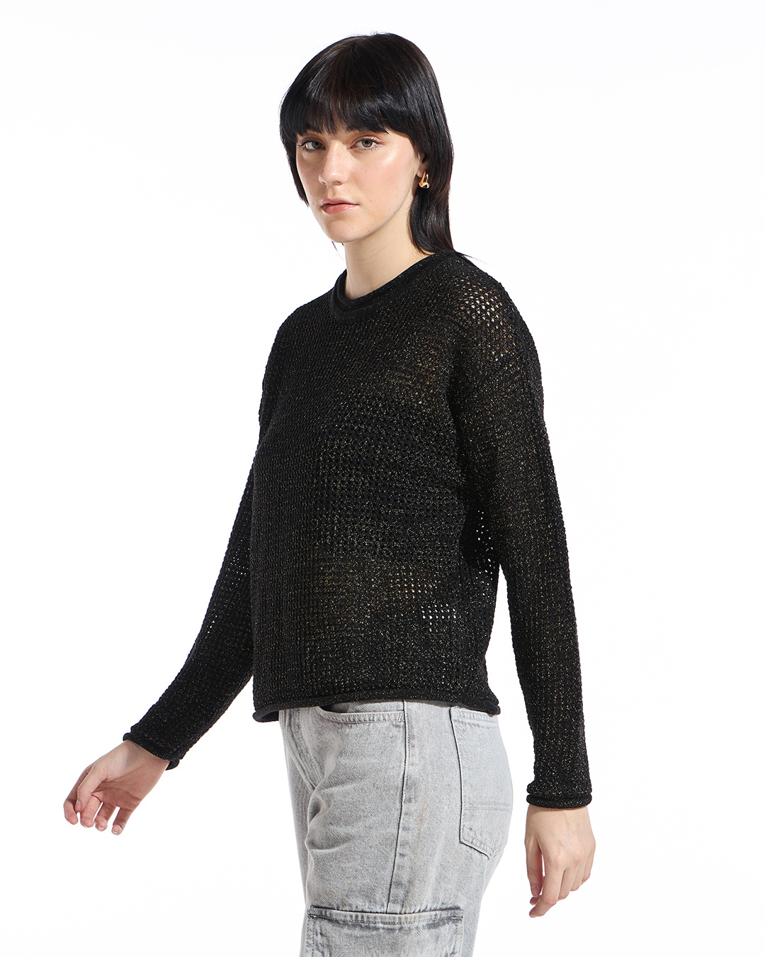 Shop Women's Black Oversized Crochet Sweater-Back