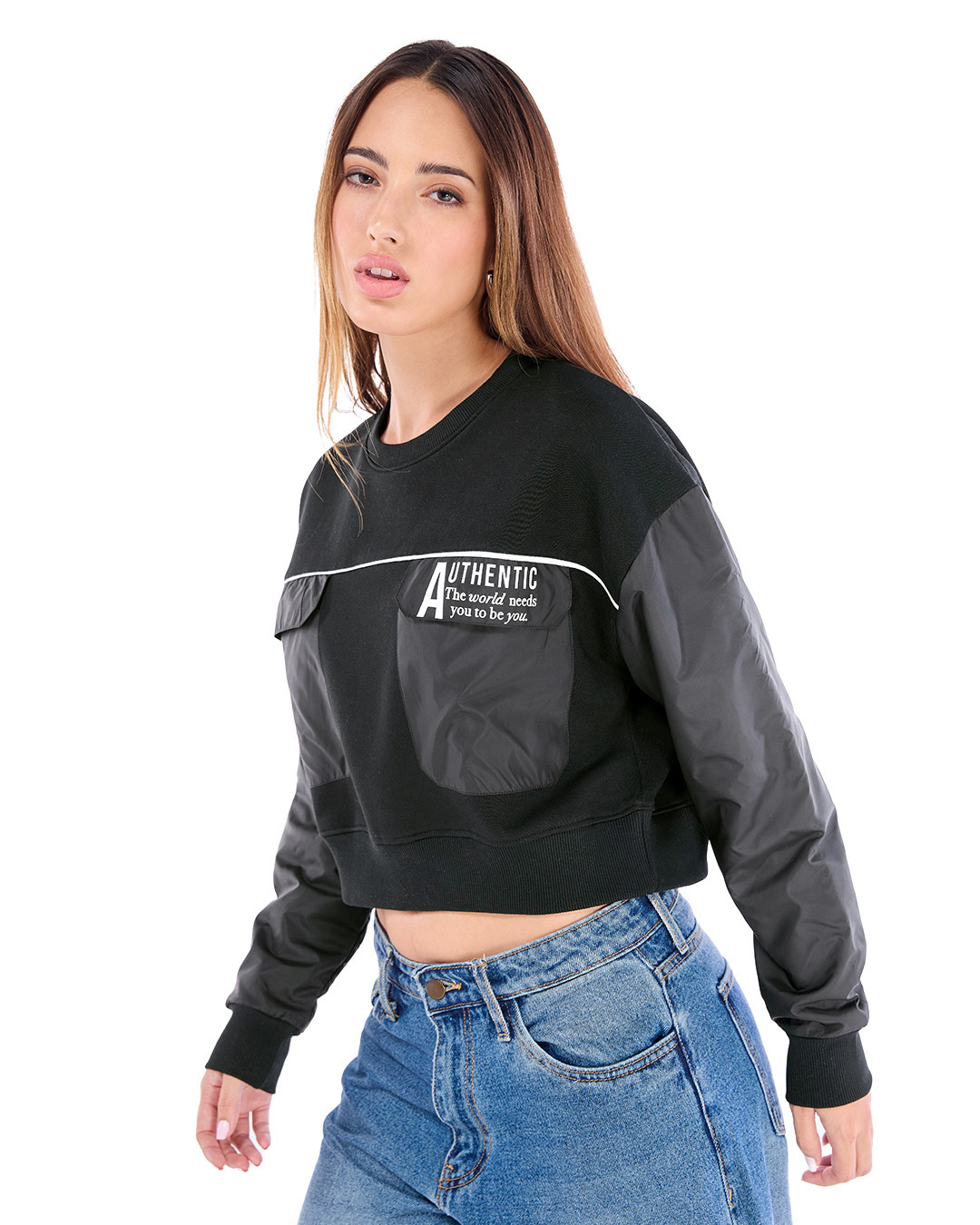 Shop Women's Black & Grey Typography Oversized Crop Sweatshirt-Back