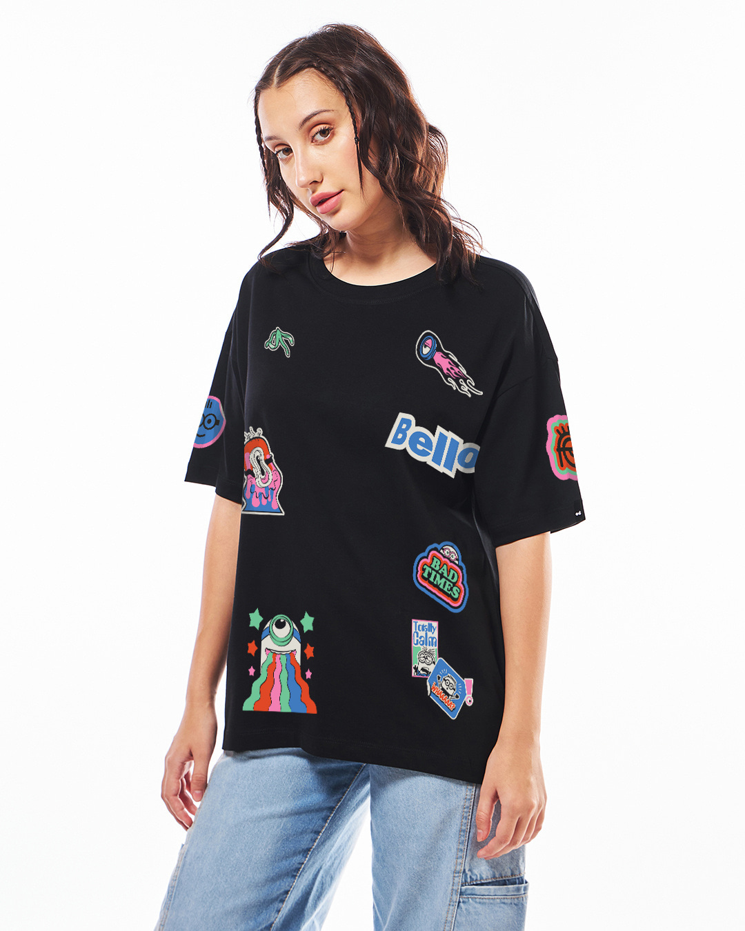 Shop Women's Black Patch Minion Graphic Printed Oversized T-shirt-Back