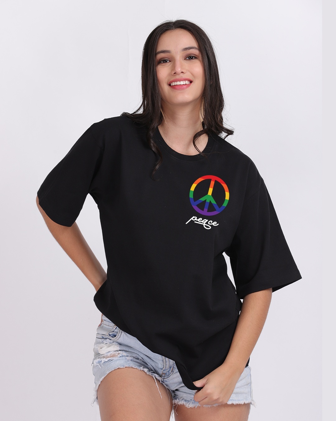 Shop Women's Black Peace Graphic Printed Oversized T-shirt-Back