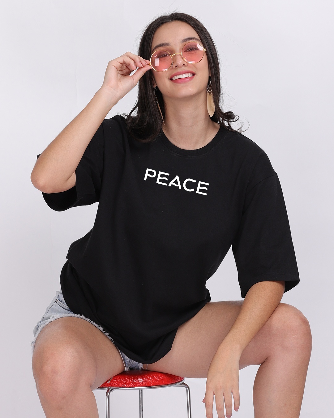 Shop Women's Black Peace Typography Oversized T-shirt-Back