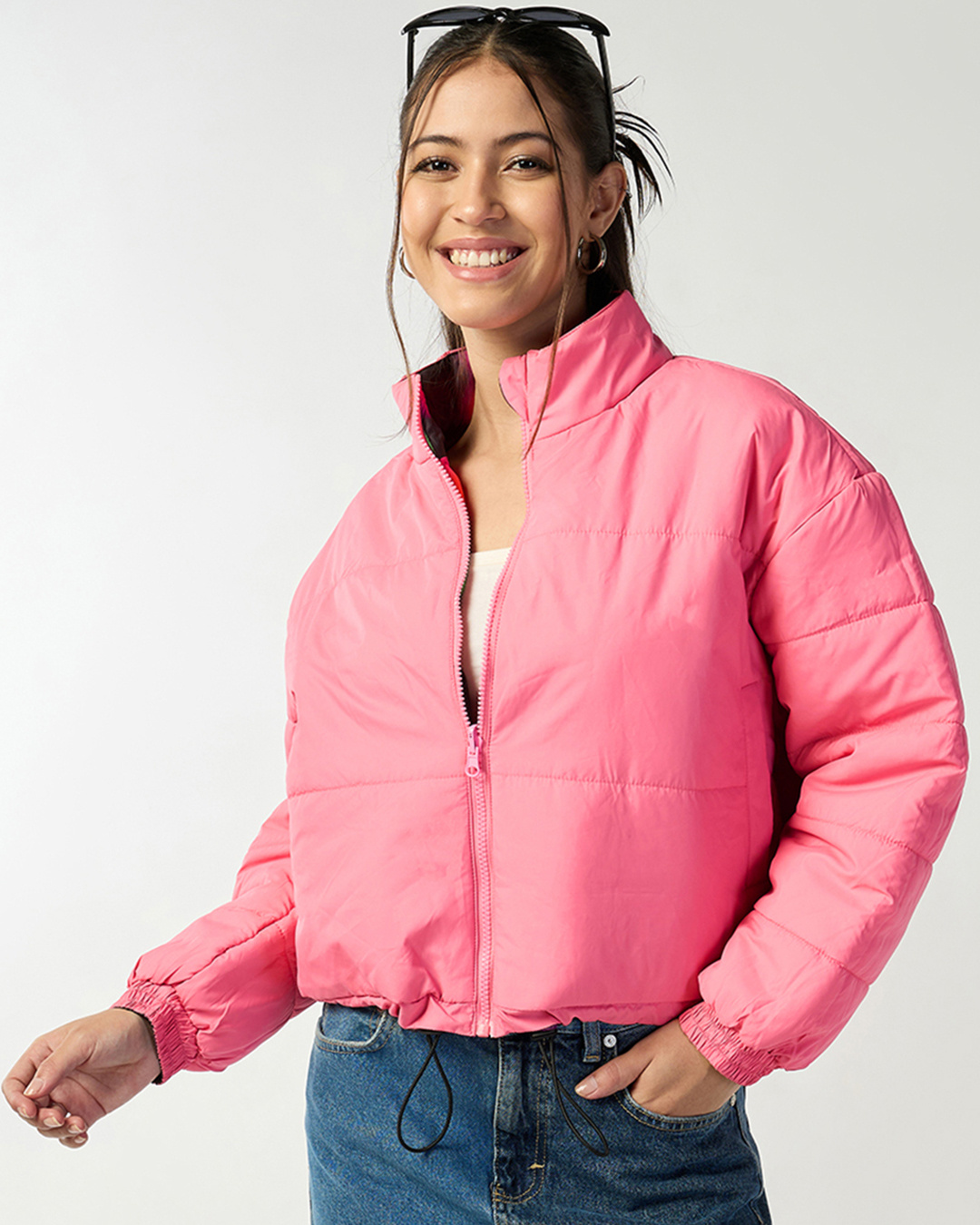 Shop Women's Black & Pink All Over Printed Oversized Reversible Puffer Jacket-Back