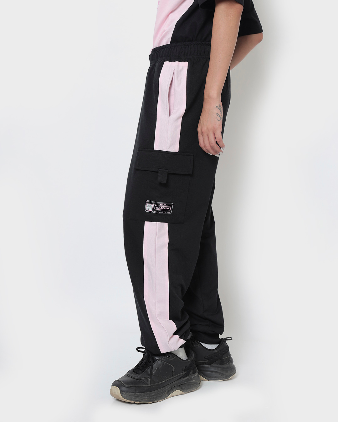 Shop Women's Black & Pink Color Block Relaxed Fit Cargo Joggers-Back