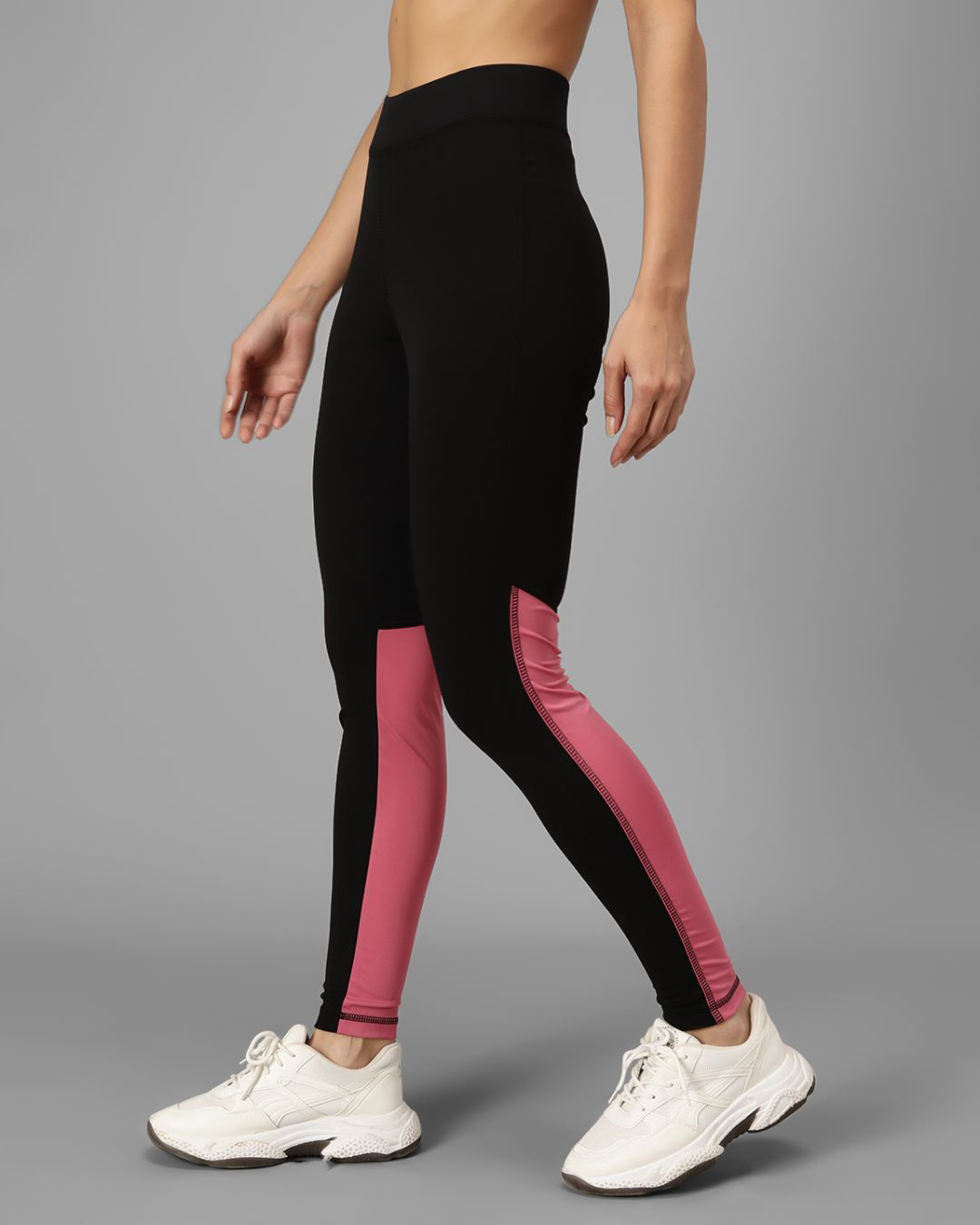 Shop Women's Black & Pink Color Block Skinny Fit Tights-Back