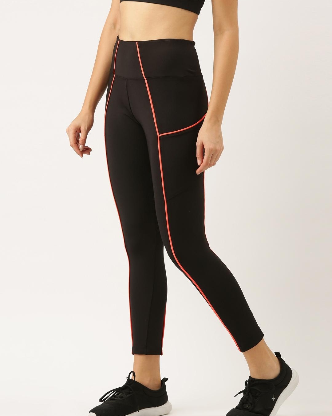 Shop Women's Black & Pink Piping Skinny Fit Tights-Back