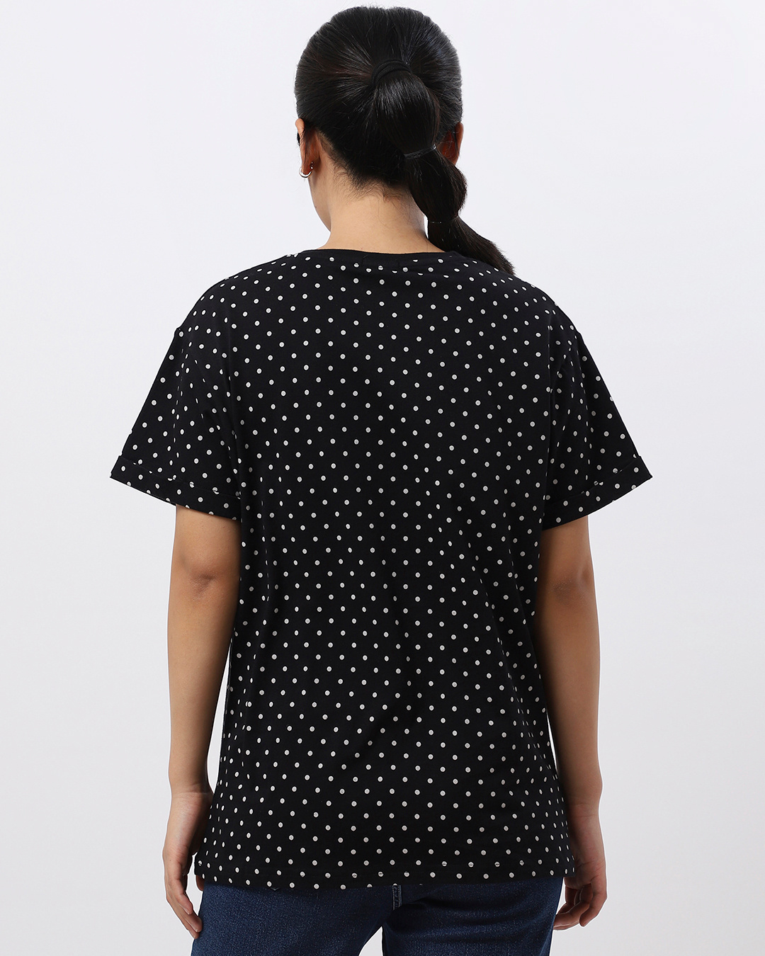 Shop Women's Black Polka Print Boyfriend T-shirt-Back