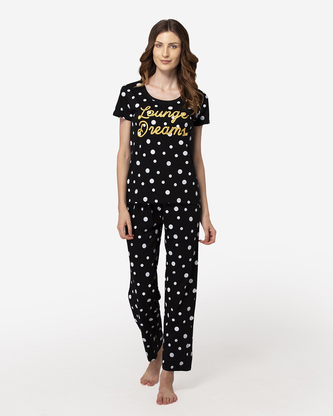 Buy Women's Black Polka Printed Relaxed Fit Tshirt & Pyjama Set Online
