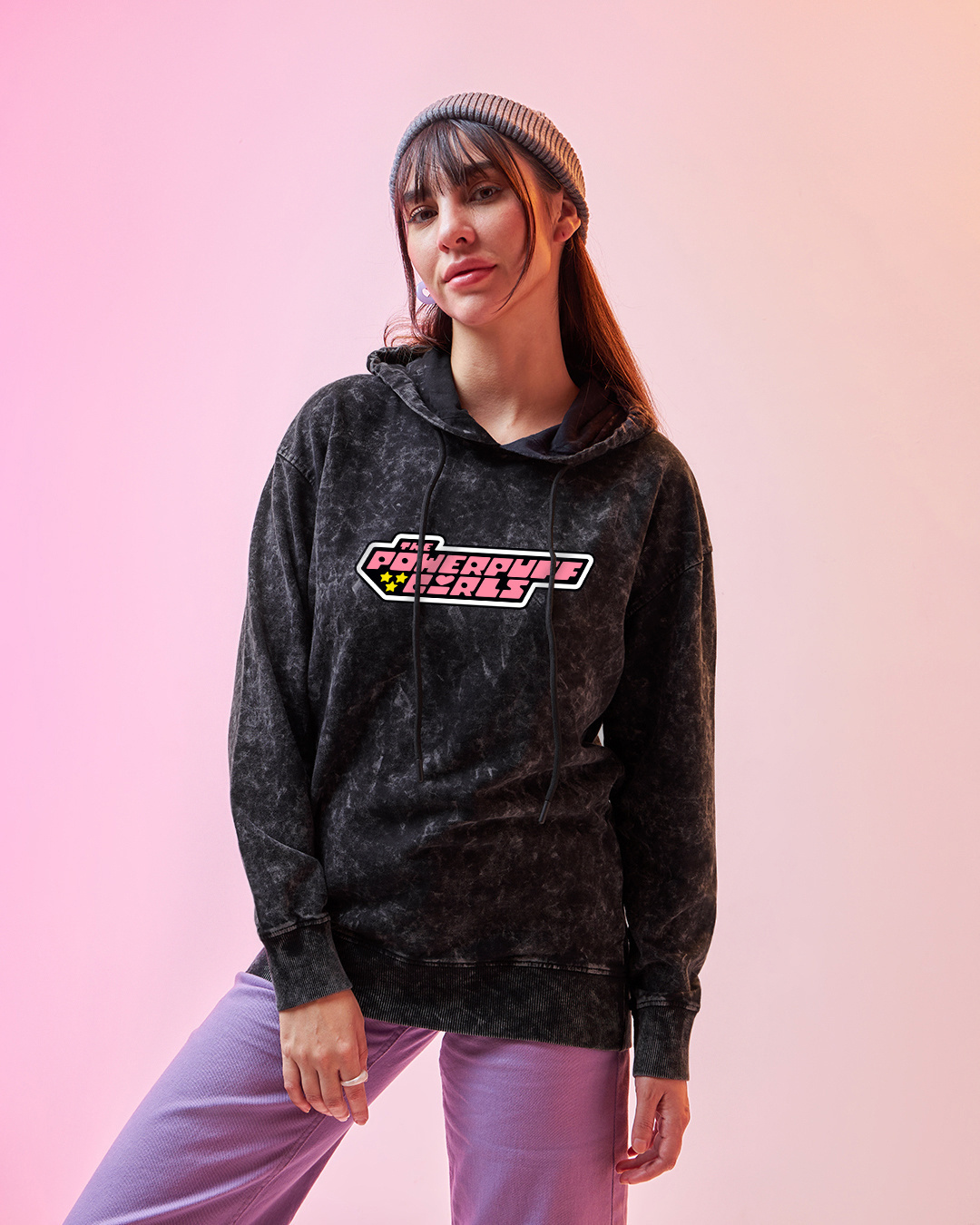 Shop Women's Black Powerpuffed Christmas Graphic Printed Oversized Hoodies-Back