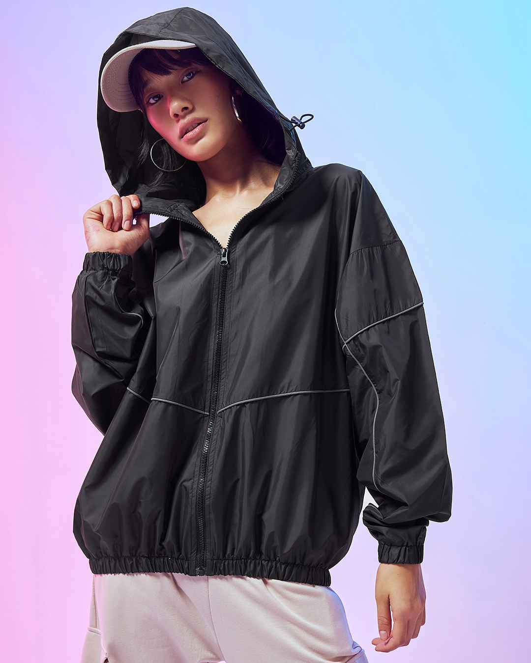 Shop Women's Black Exhale Typography Super Loose Fit Windcheater Jacket-Back