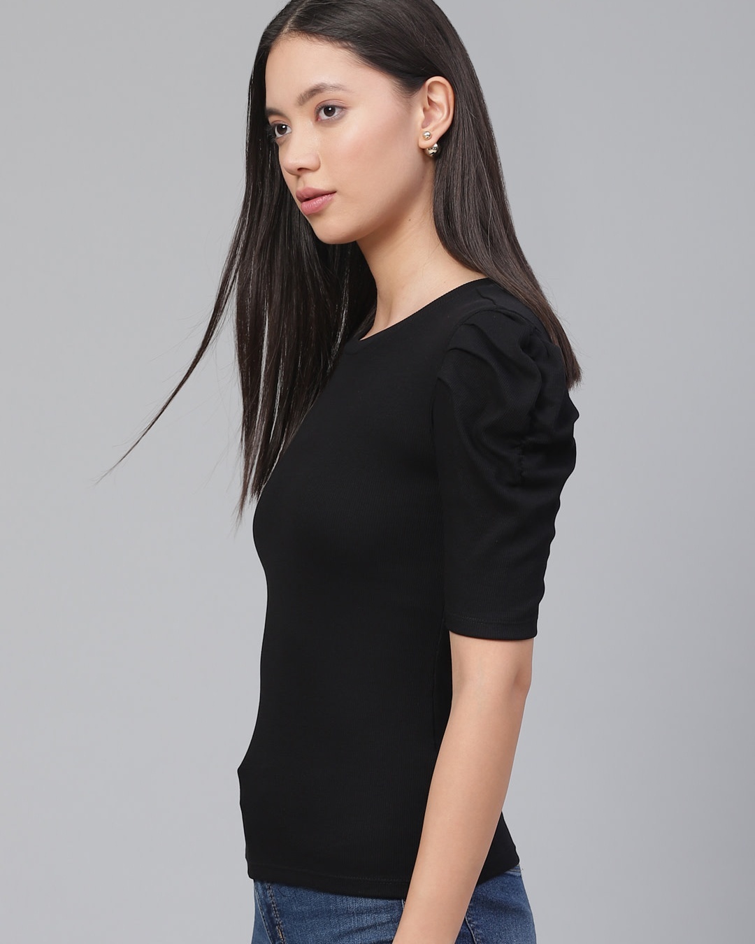 Shop Women's Black Puff Sleeve Top-Back