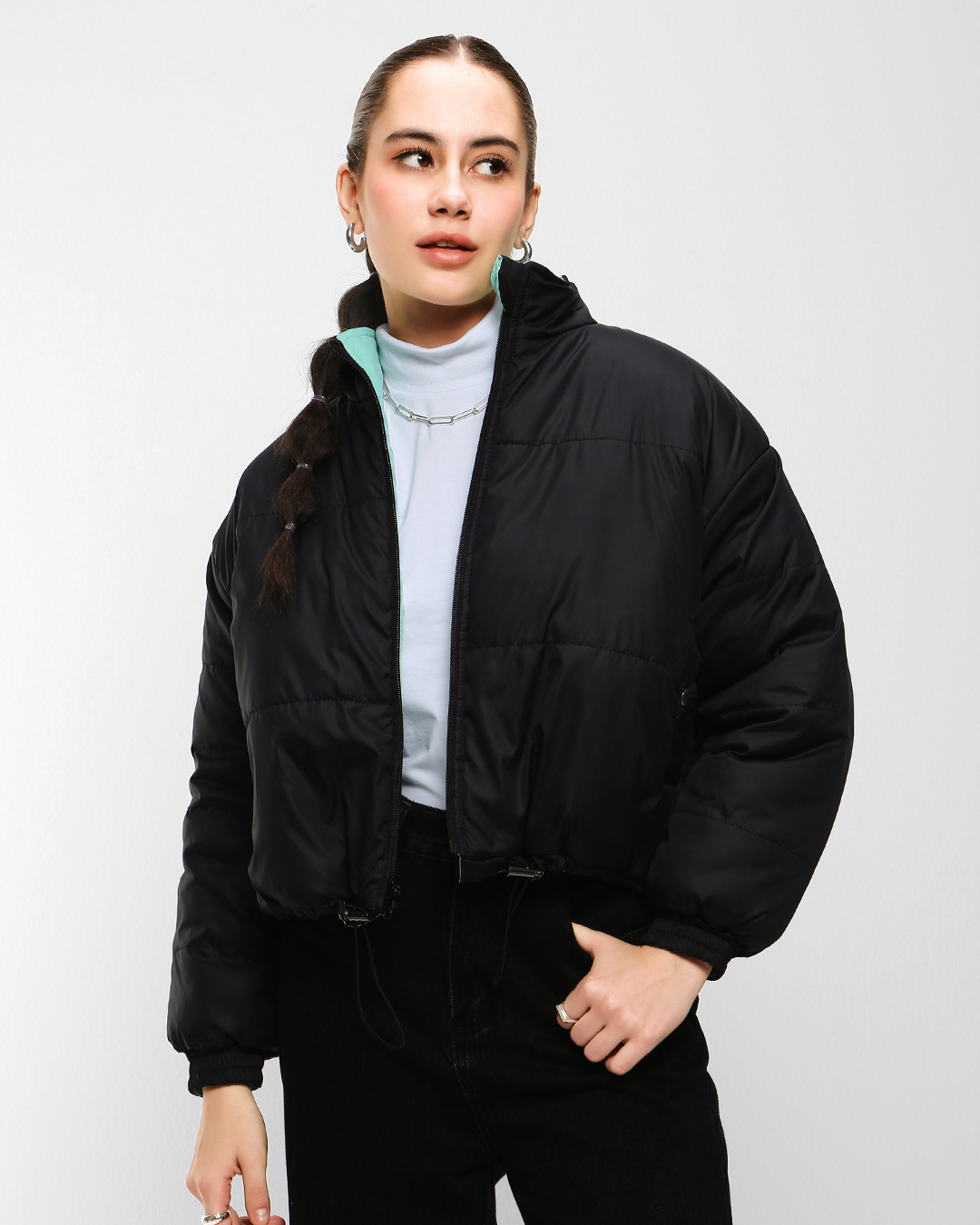 Buy Women's Black & Sage Reversible Super Loose Fit Puffer Jacket ...
