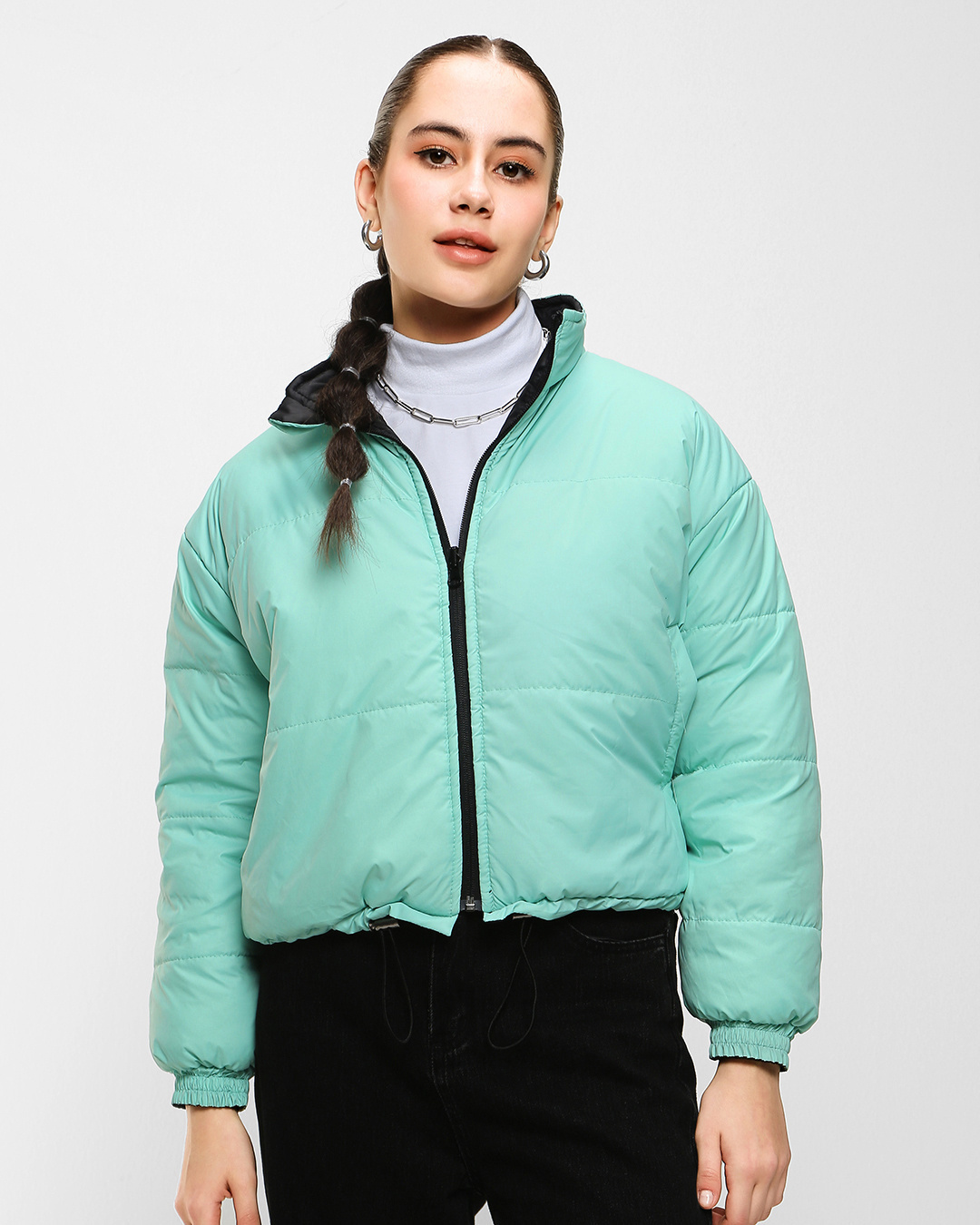 Shop Women's Black & Sage Reversible Super Loose Fit Puffer Jacket-Back
