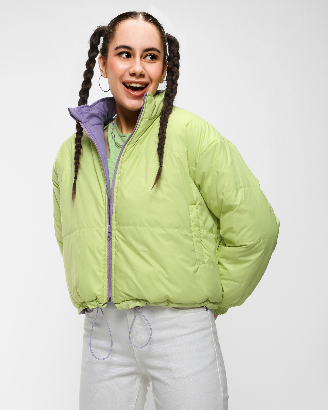 Shop Women's Lime & Lavender Reversible Super Loose Fit  Puffer Jacket-Back
