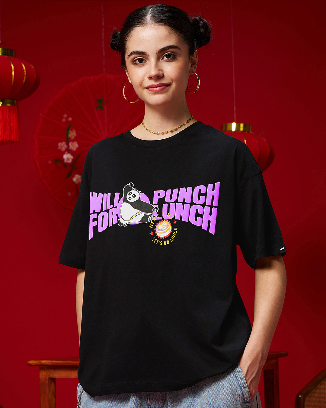 Shop Women's Black Punch For Lunch Graphic Printed Oversized T-shirt-Back