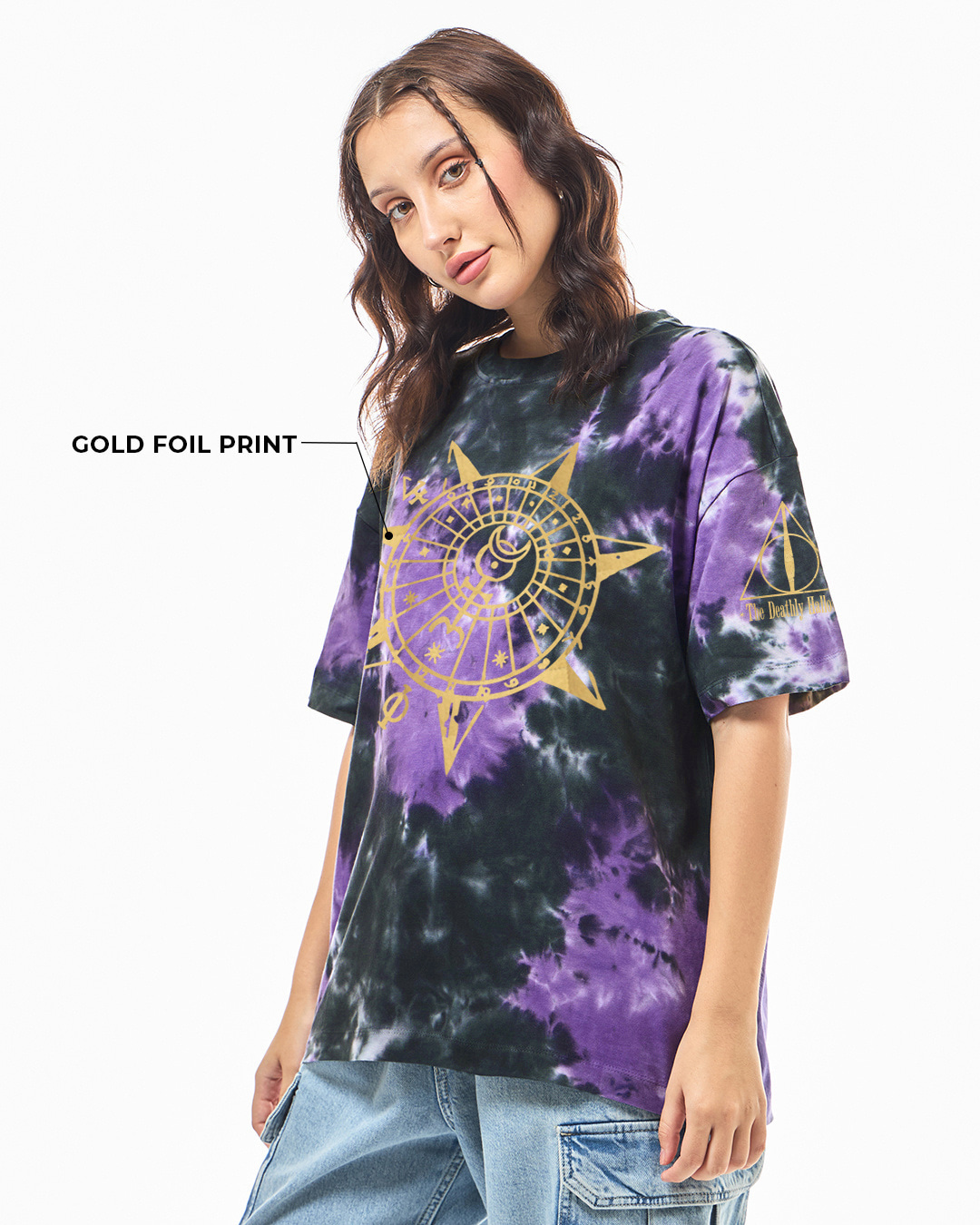 Shop Women's Black & Purple Hallows Tie & Dye Oversized T-shirt-Back