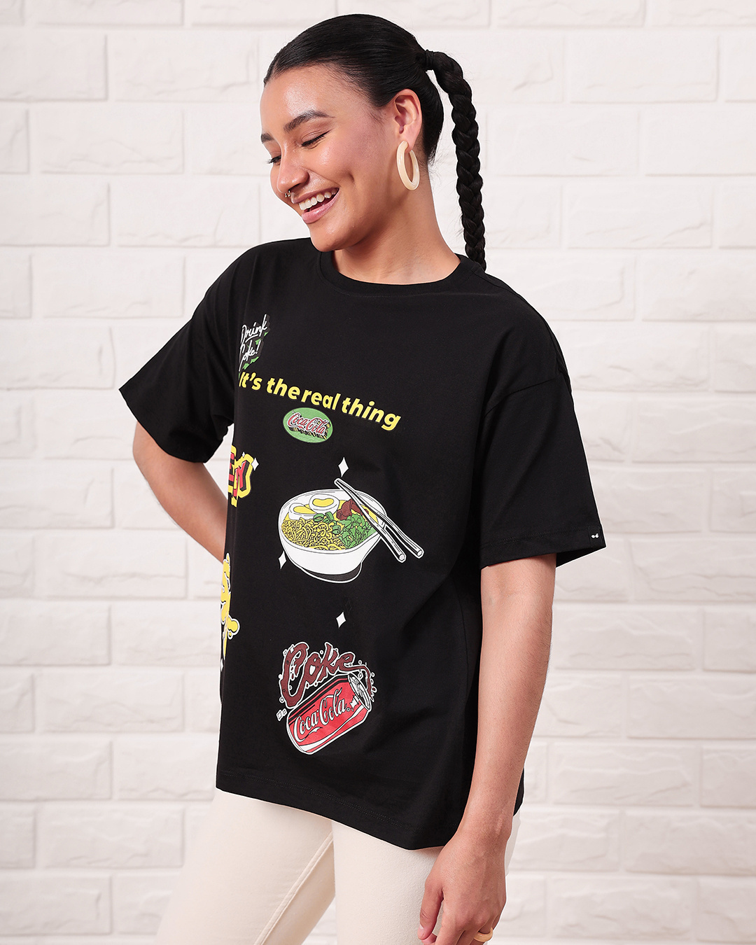 Shop Women's Black Real Thing Coke Graphic Printed Oversized T-shirt-Back