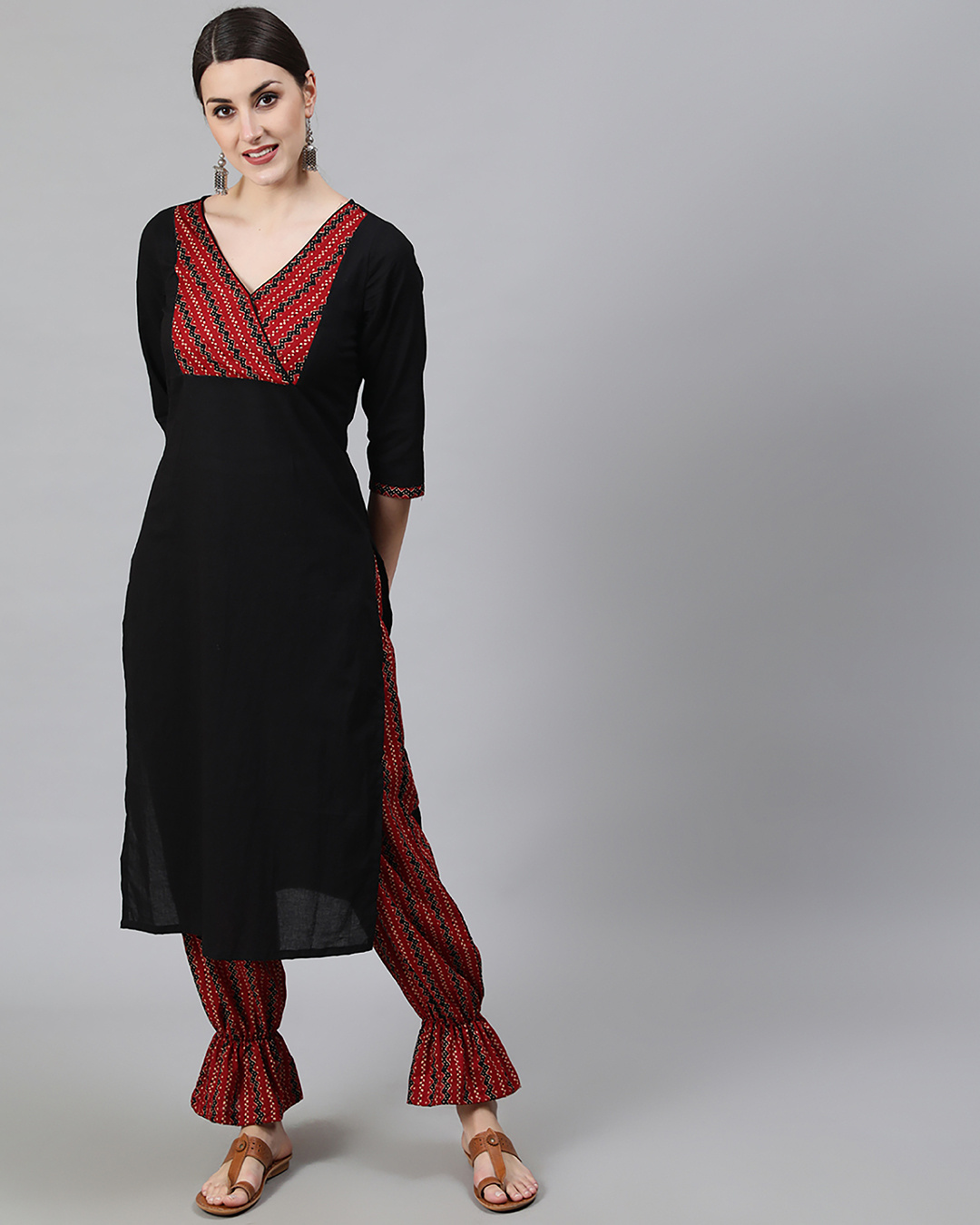 Red & Black - Jacquard Cotton A-Line Long Kurta