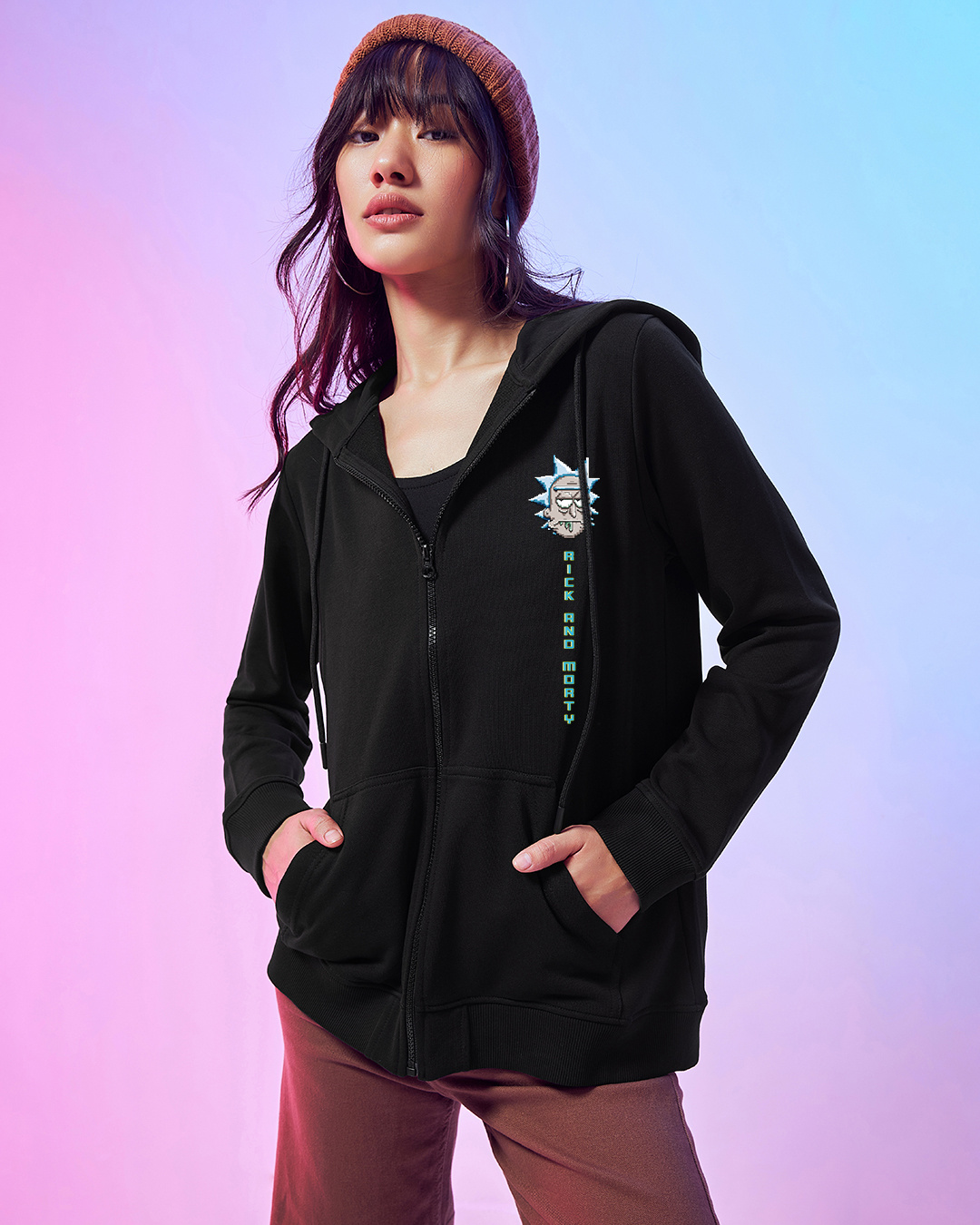 Shop Women's Black Rick and Morty Graphic Printed Hoodies-Back