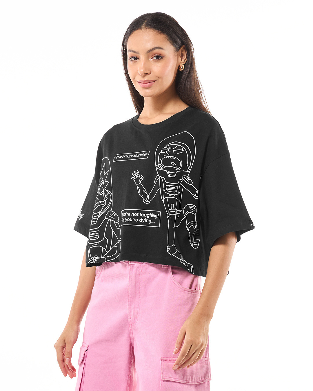 Shop Women's Black Rick N Monty Chats Graphic Printed Oversized Short Top-Back