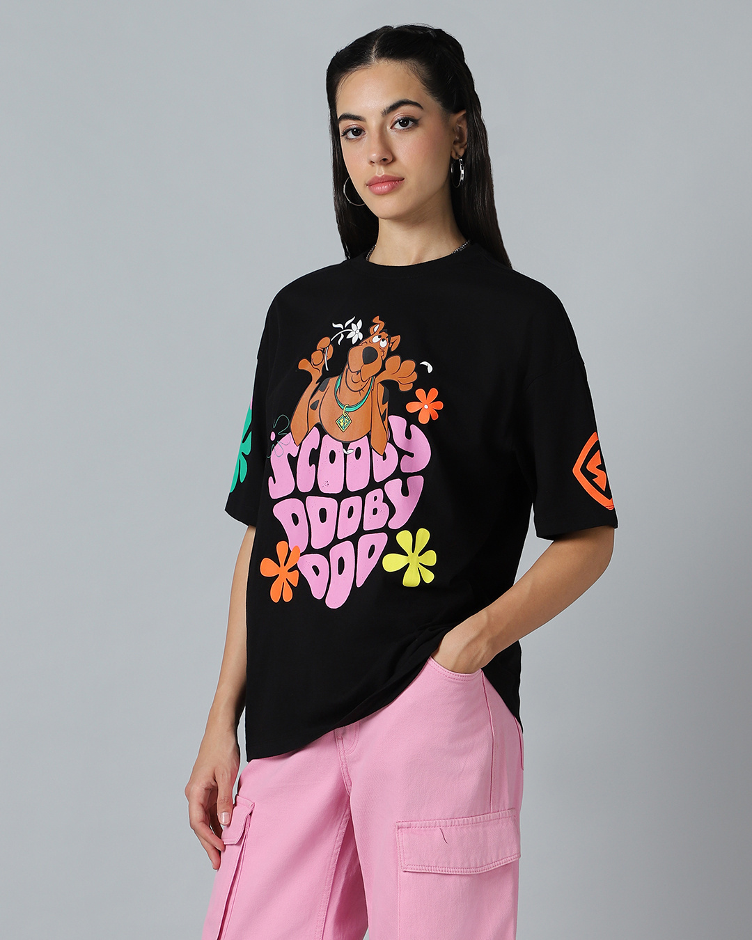 Shop Women's Black Scooby Doo Graphic Printed Oversized T-shirt-Back