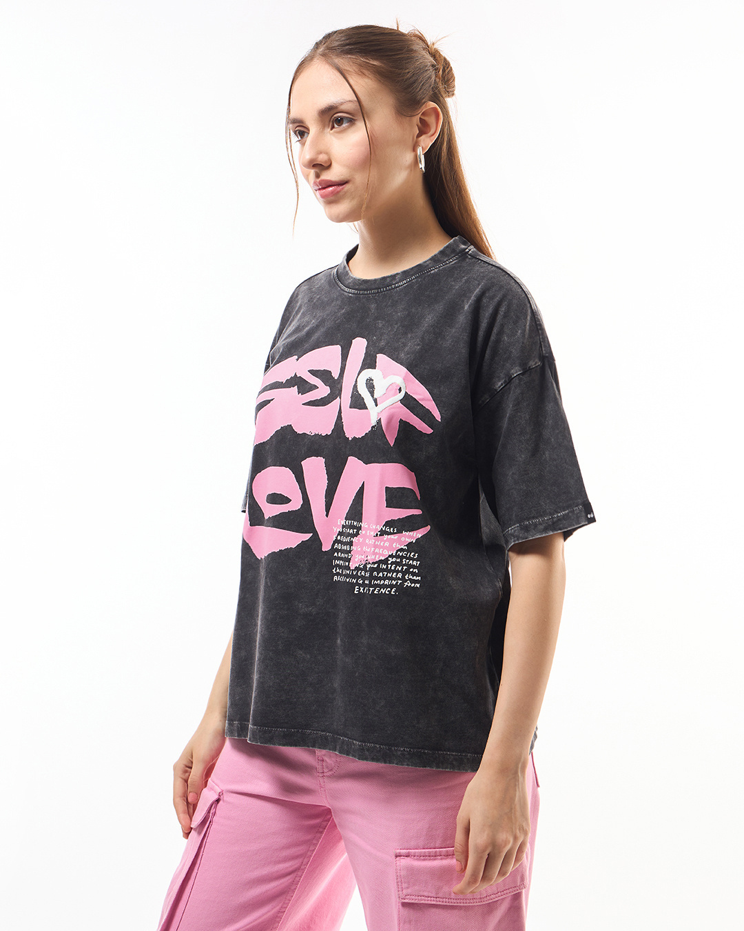 Shop Women's Black Self Love Graphic Printed Oversized Acid Wash T-shirt-Back