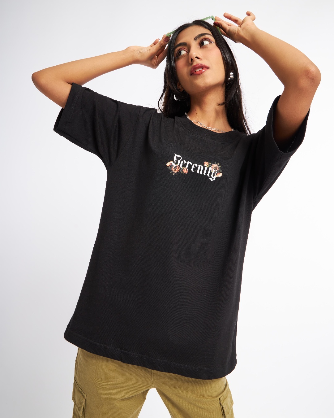 Shop Women's Black Serenity Graphic Printed Oversized T-shirt-Back