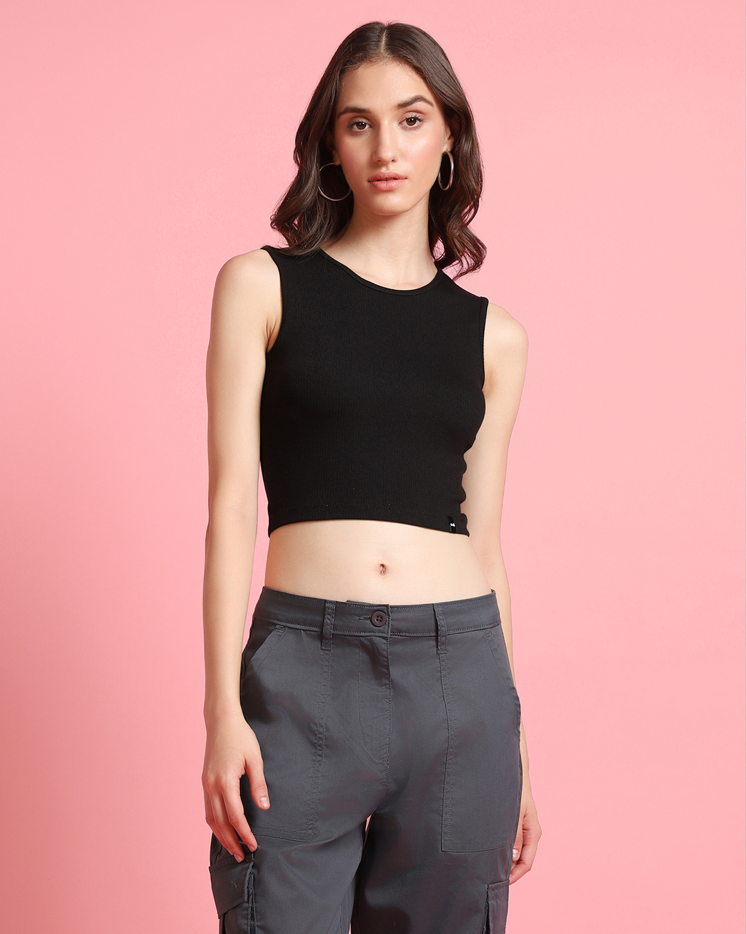 Shop Women's Black Ribbed Slim Fit Top-Back