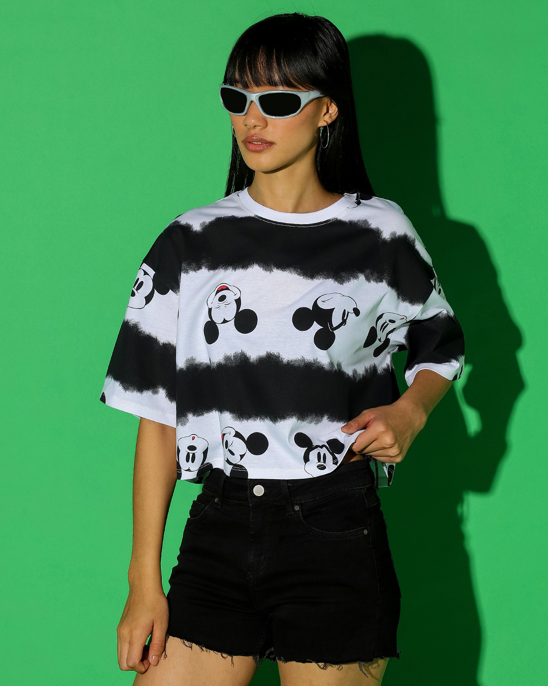 Shop Women's Black & White All Over Printed Oversized Short Top-Back