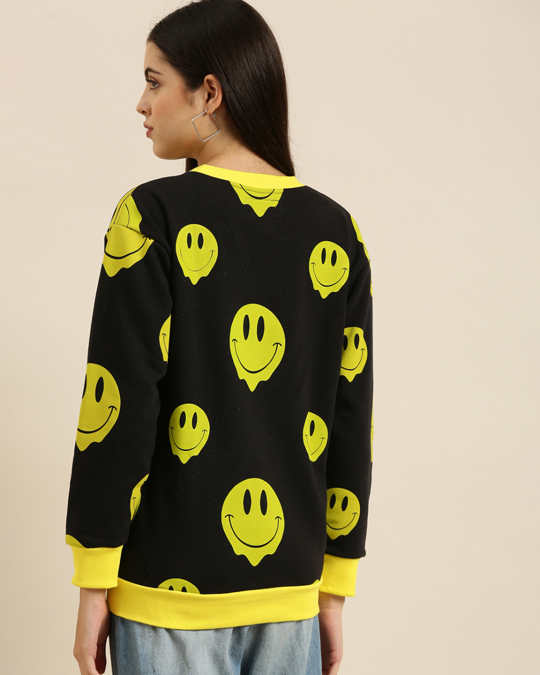 Shop Women's Black Smiley Printed Oversized Sweatshirt-Back