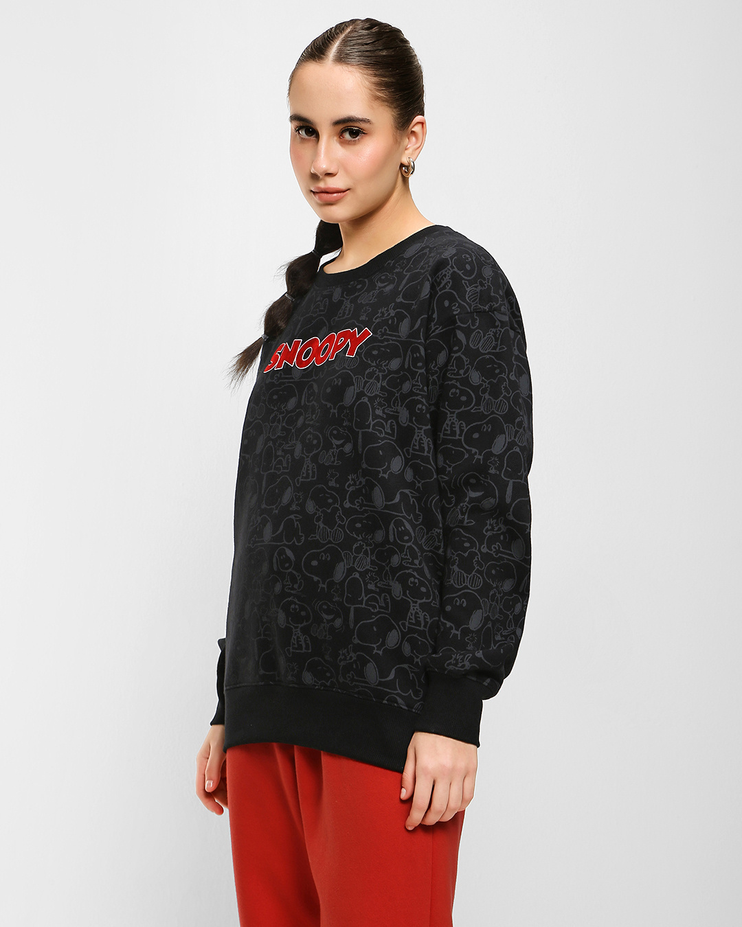 Shop Women's Black Snoopy All Over Printed Oversized Sweatshirt-Back