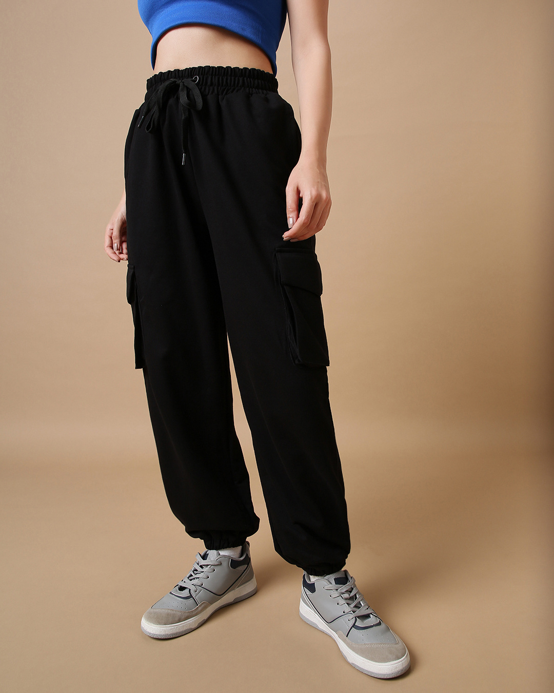 Buy Women S Black Super Loose Fit Cargo Joggers Online At Bewakoof   Women S Black Solid Cargo Pants 585678 1697138056 1 