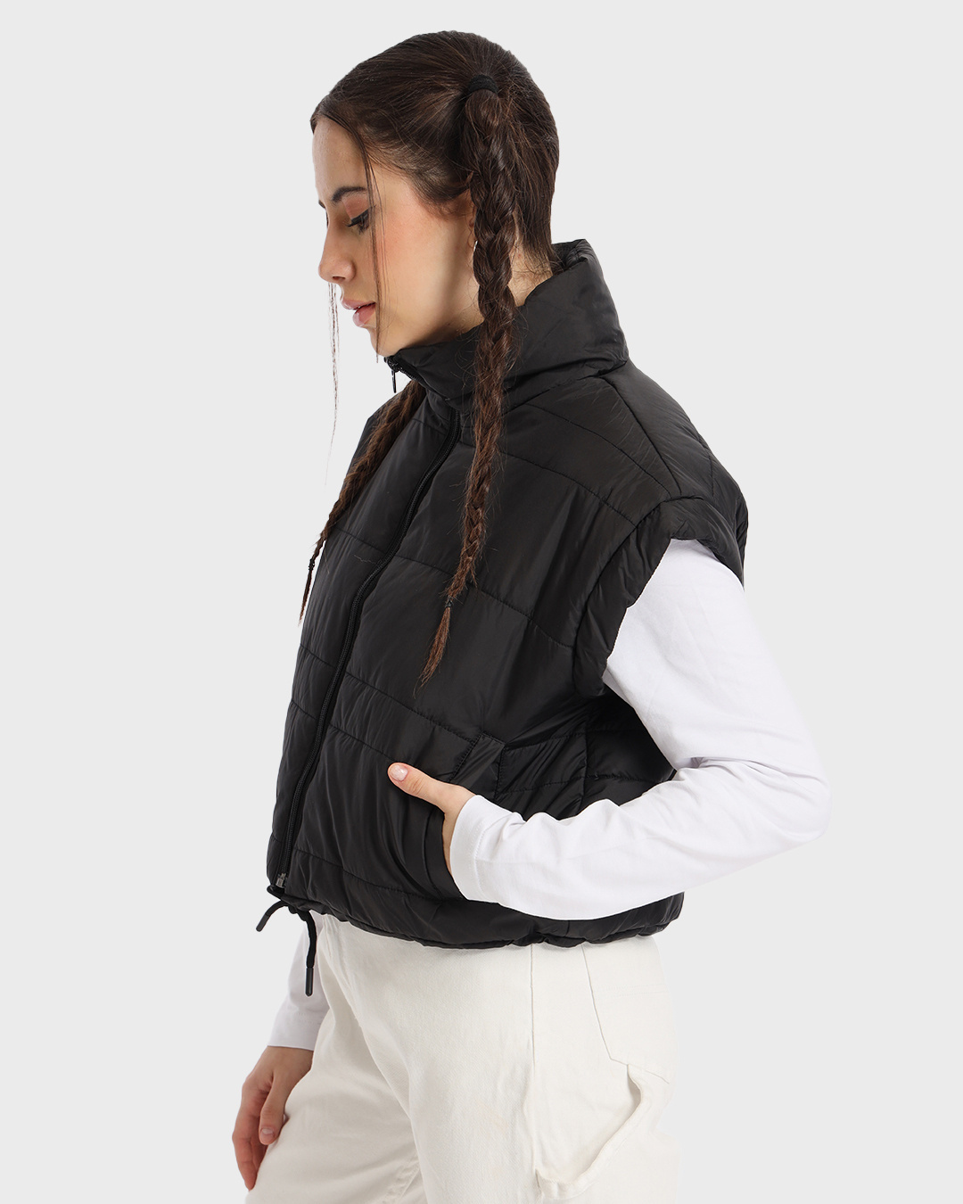 Shop Women's Black Sleeveless Oversized Puffer Jacket-Back