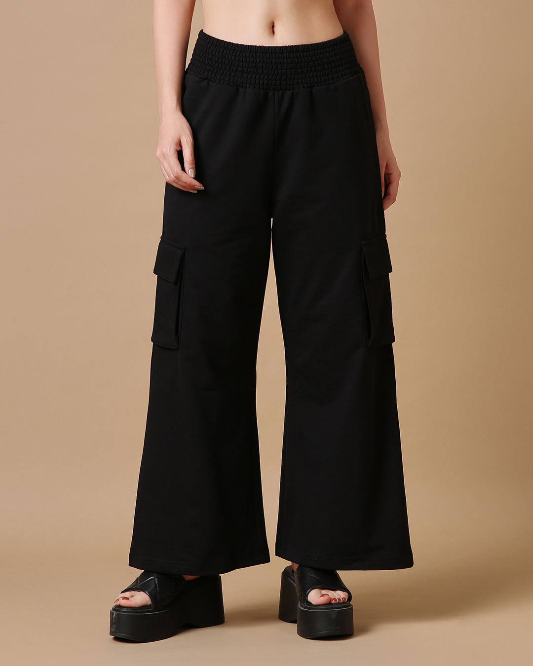 Buy Women's Black Flared Cargo Track Pants Online at Bewakoof