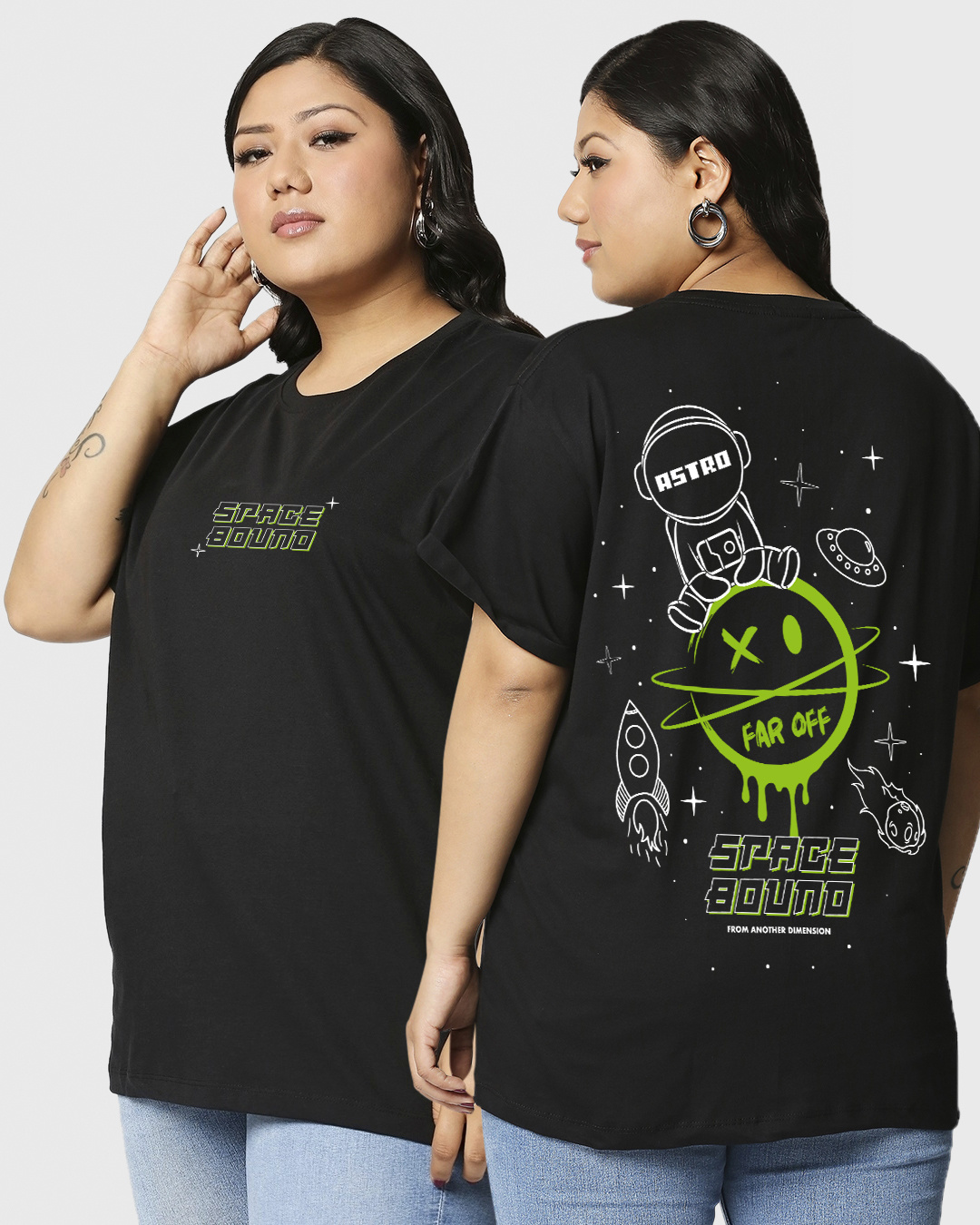 Buy Women's Black Space Bound Graphic Printed Plus Size Boyfriend T