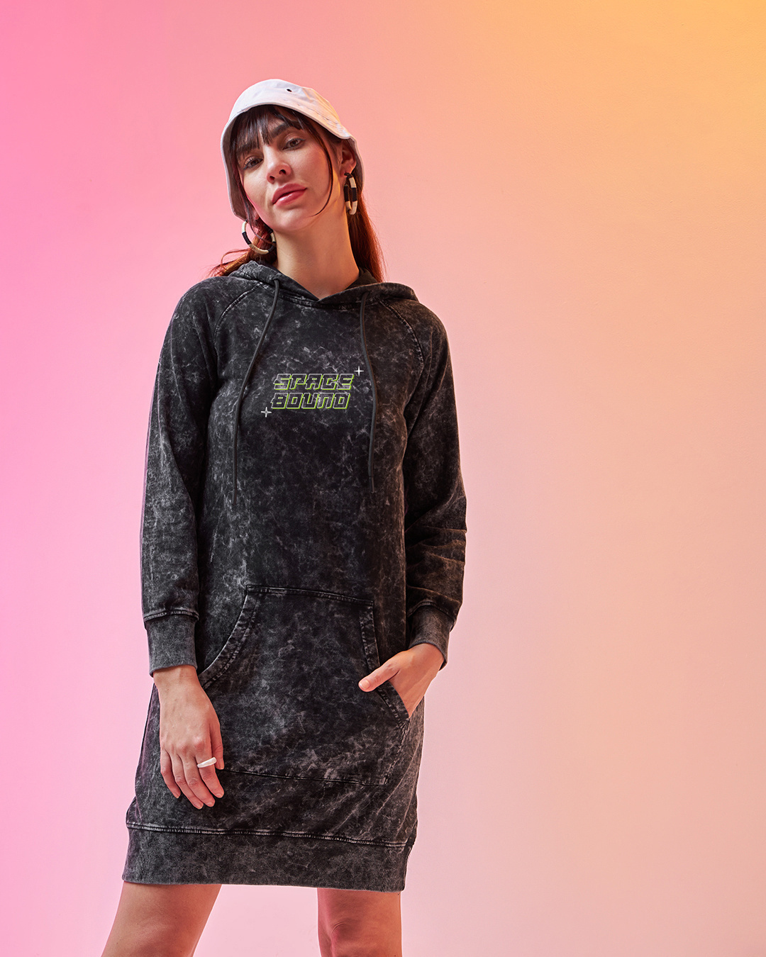 Shop Women's Black Space Bound Graphic Printed Acid Wash Hoodie Dress-Back