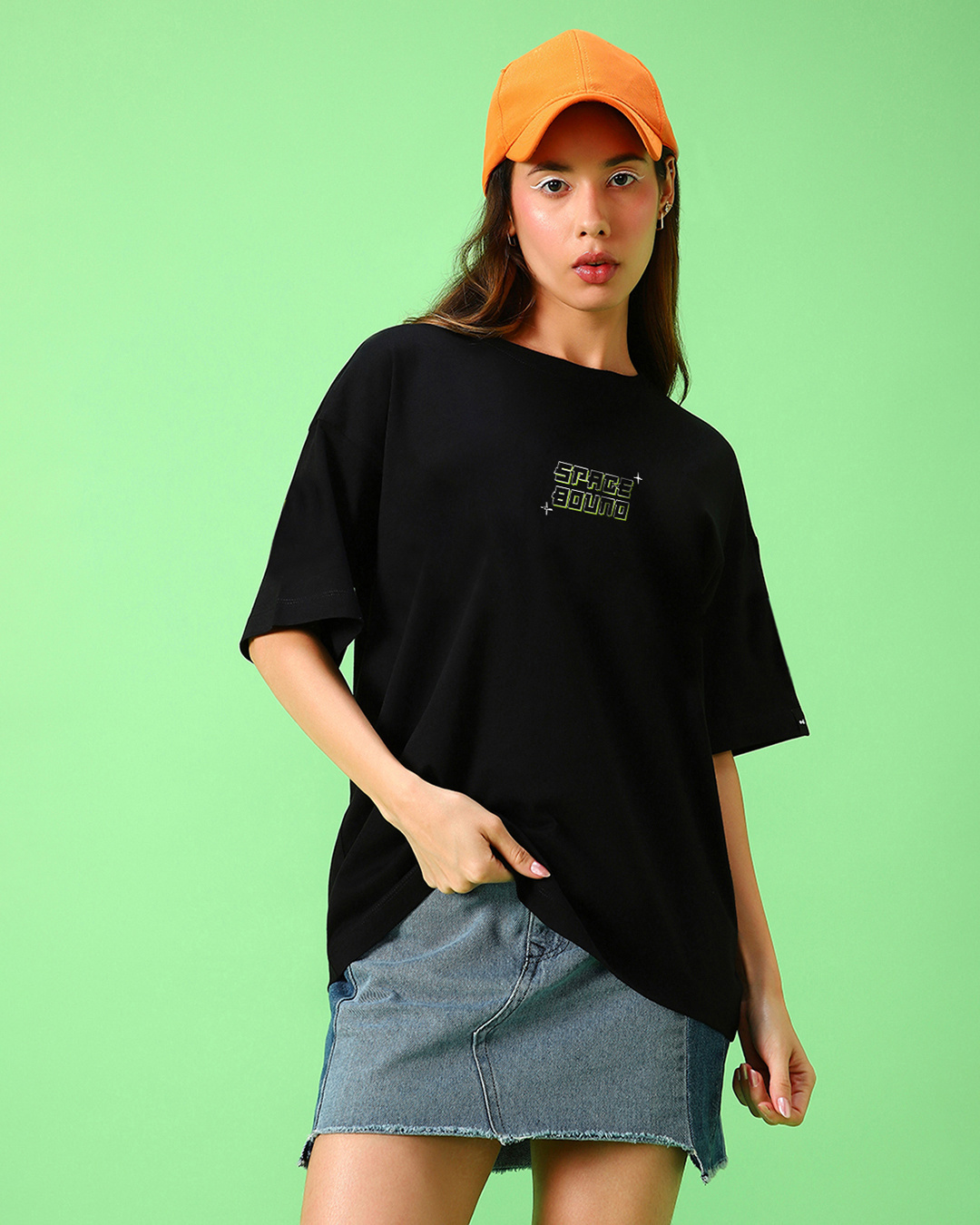 Shop Women's Black Space Bound Graphic Printed Oversized T-shirt-Back