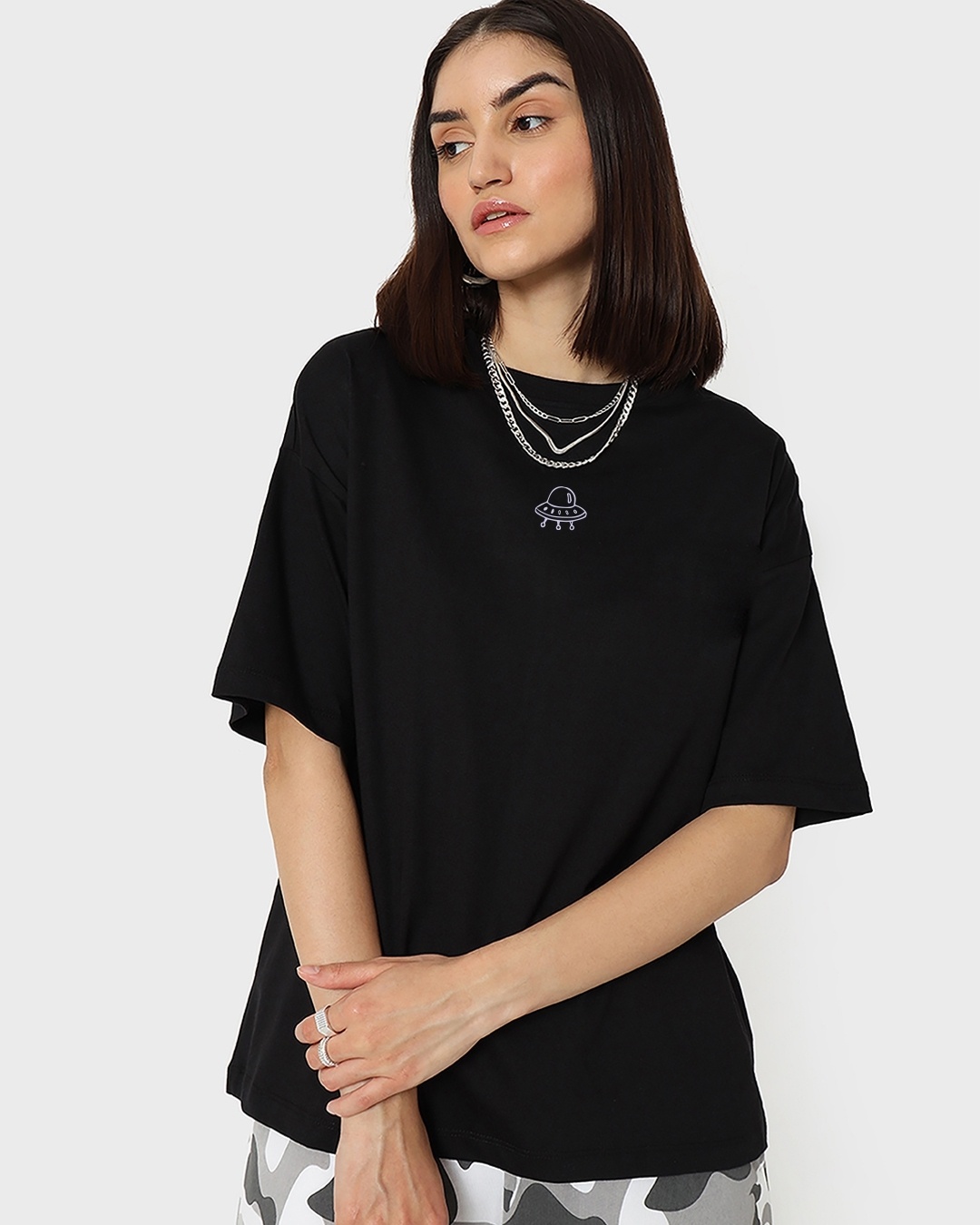 Shop Women's Black Space Typography Oversized T-shirt-Back
