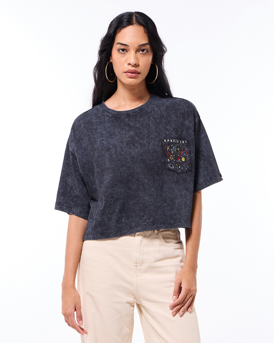 Shop Women's Black Spaced Out Graphic Printed Oversized Acid Wash Crop T-shirt-Back