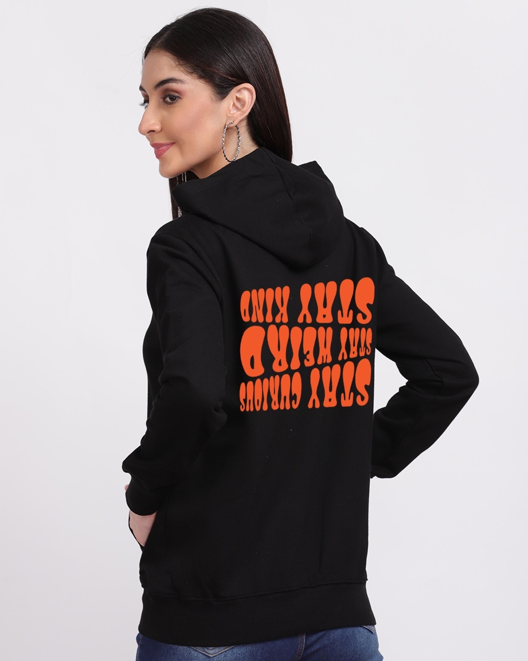 Shop Women's Black Stay Curious Typography Hoodie-Back