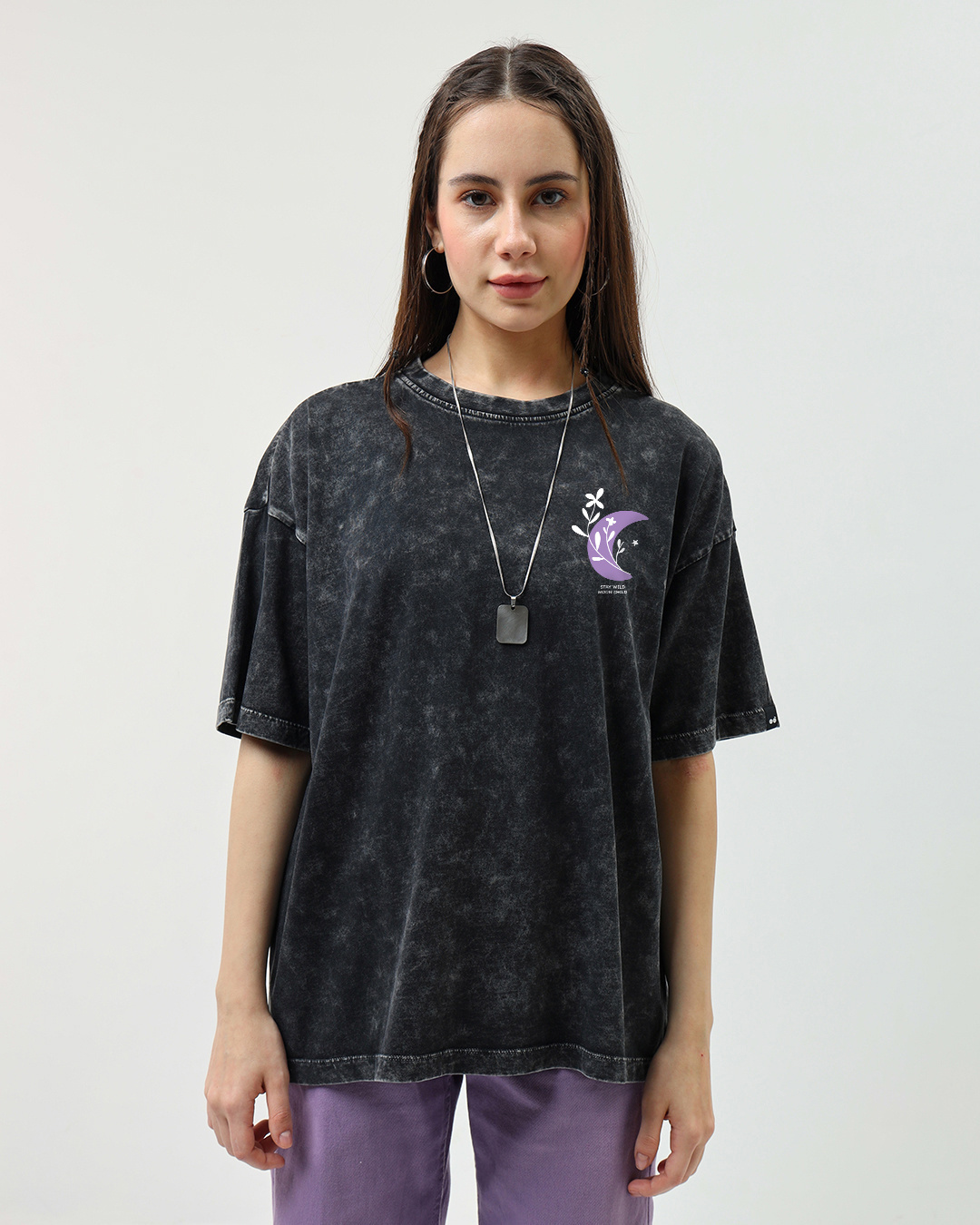 Shop Women's Black Stay Wild Moonchild Graphic Printed Oversized Acid Wash T-shirt-Back