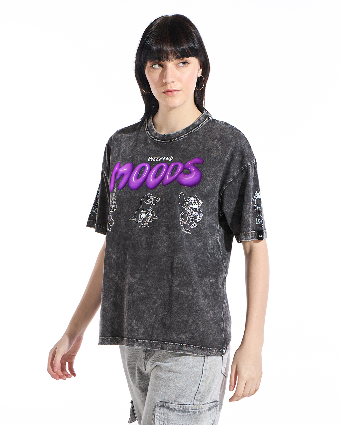 Shop Women's Black Stitch Moods Graphic Printed Oversized Acid Wash T-shirt-Back