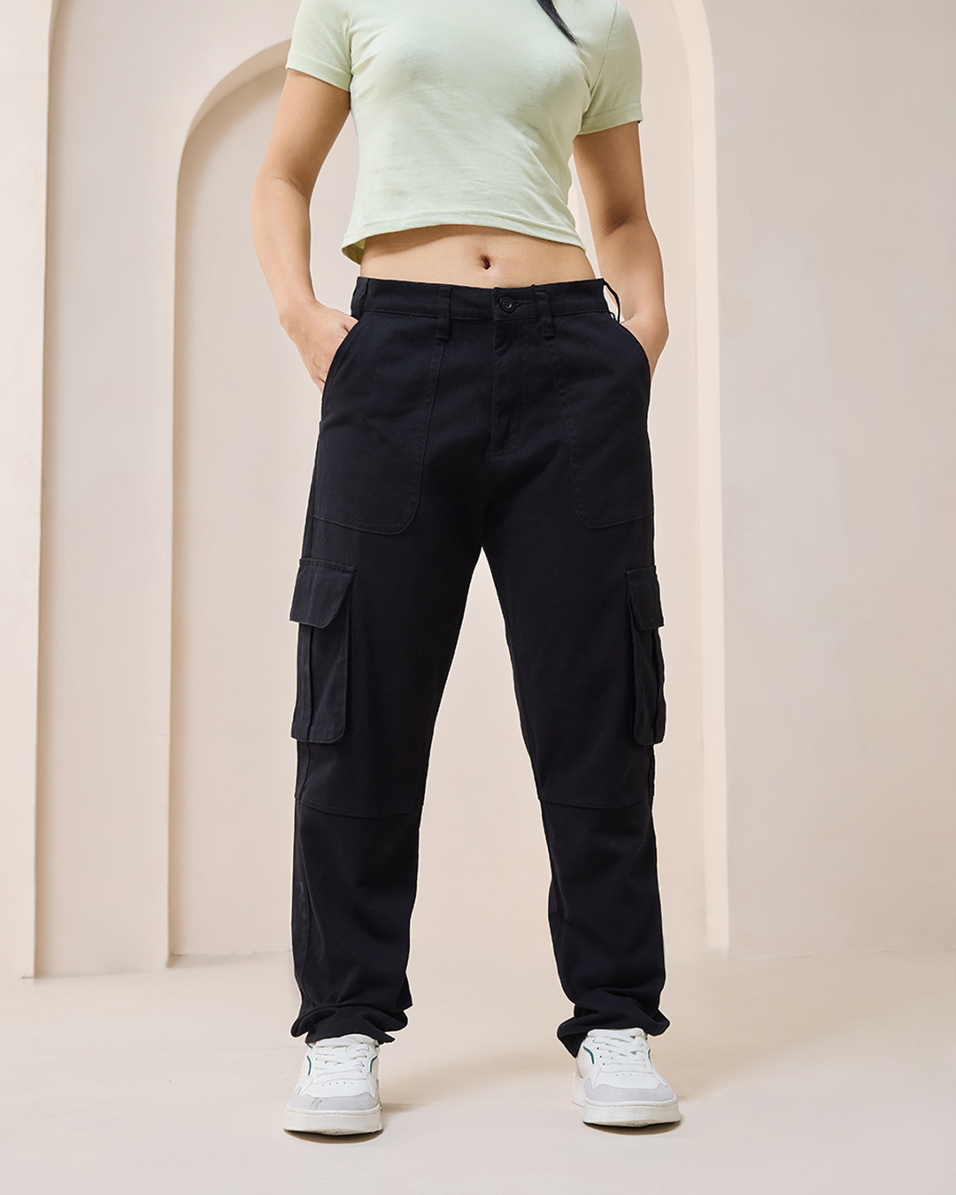 Shop Women's Black Straight Cargo Pants-Back
