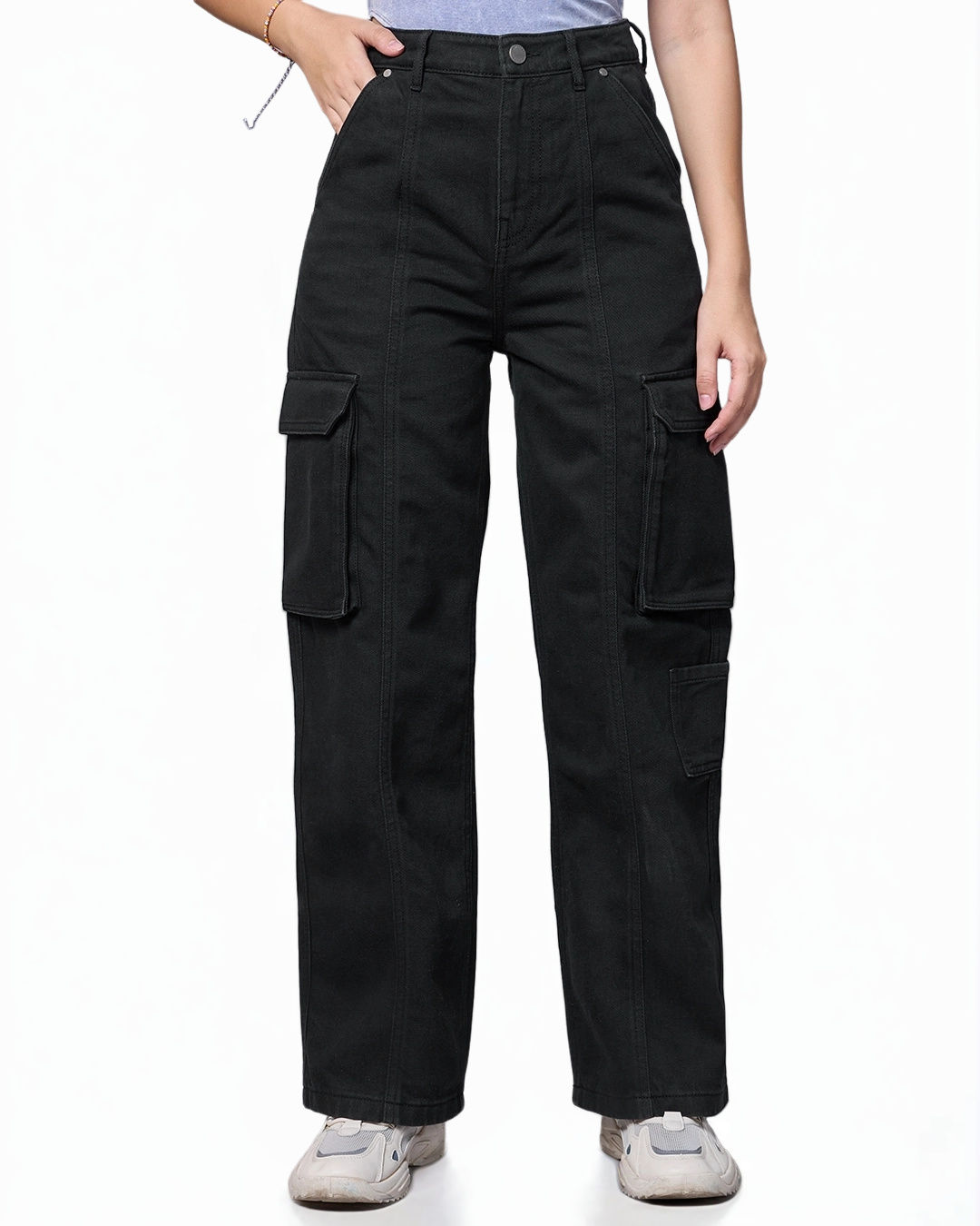 Shop Women's Black Straight Fit Cargo Jeans-Back