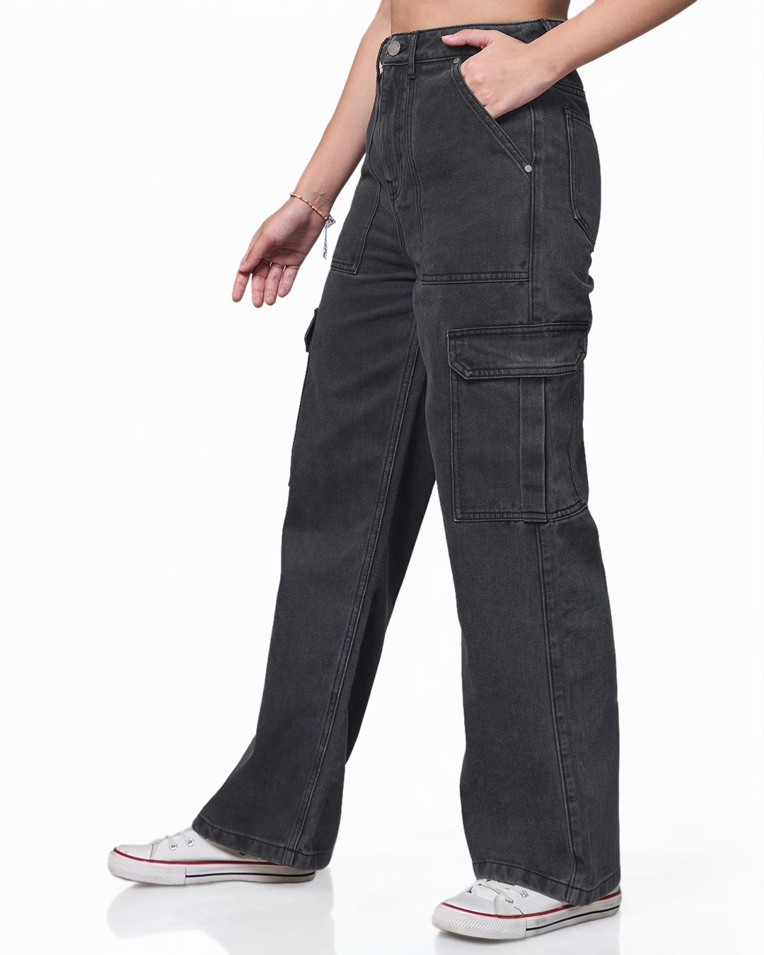 Shop Women's Black Straight Fit Cargo Jeans-Back