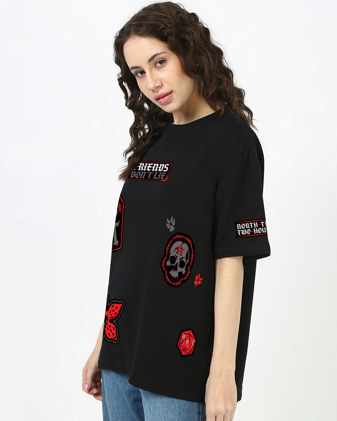 Shop Women's Black Stranger Things Graphic Printed Oversized T-shirt-Back