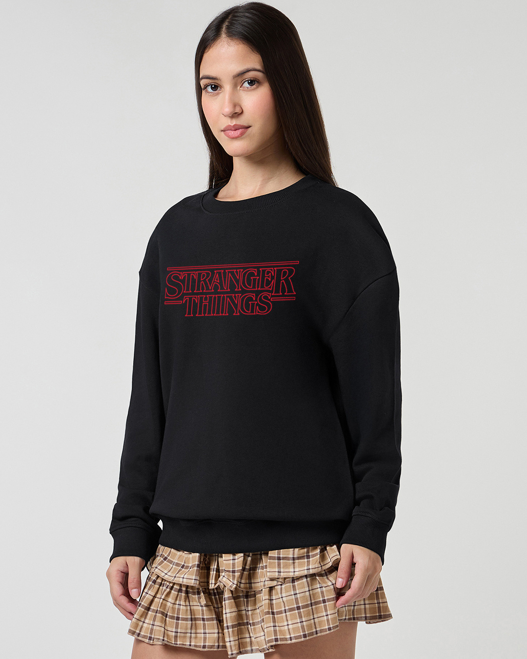 Shop Women's Black Stranger Things Typography Oversized Sweatshirt-Back