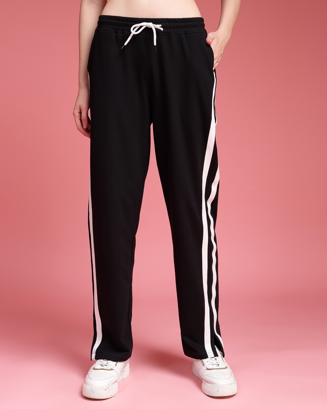 Shop Women's Black Striped Relaxed Fit Trackpants-Back